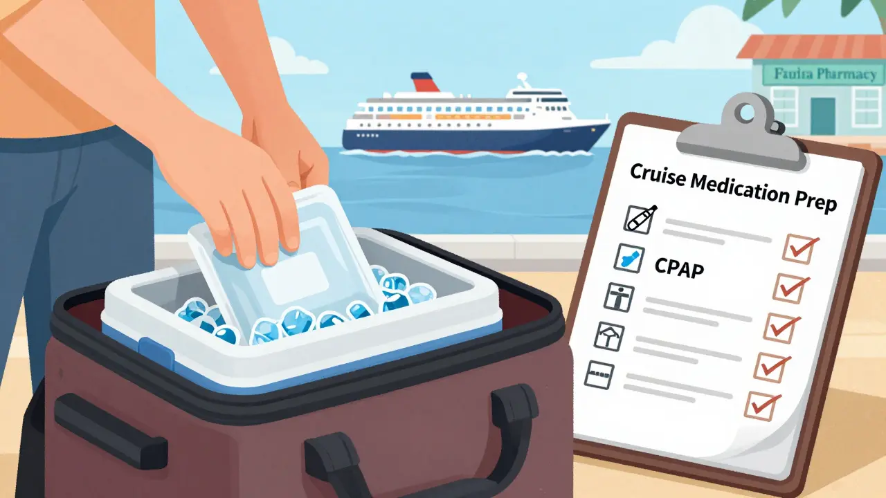 旅行者が薬のチェックリストを見ながら、インスリン用のクーラーボックスを手荷物に詰めている様子。