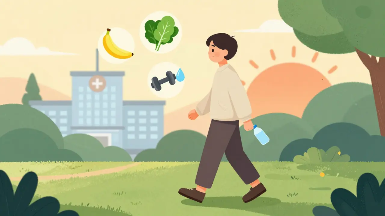人が公園で軽く歩きながら、カリウムと水分の健康ヒントが浮かぶ。
