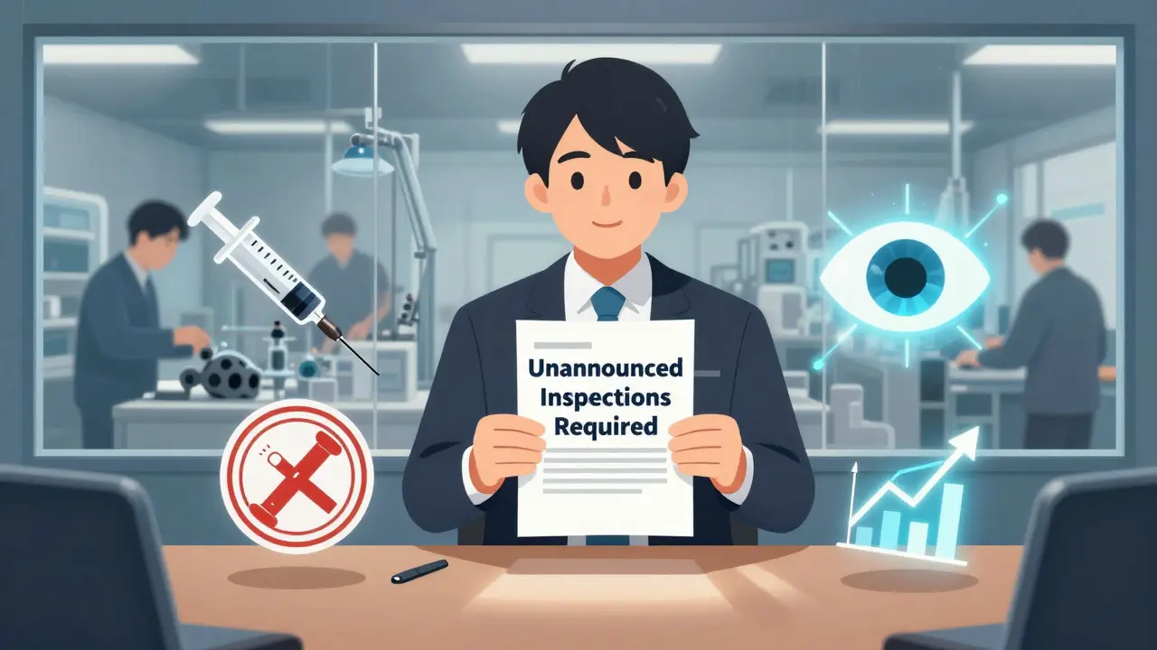 日本の経営者が海外工場の不正を可視化し、無通知検査を契約に明記する決意を表すイラスト。