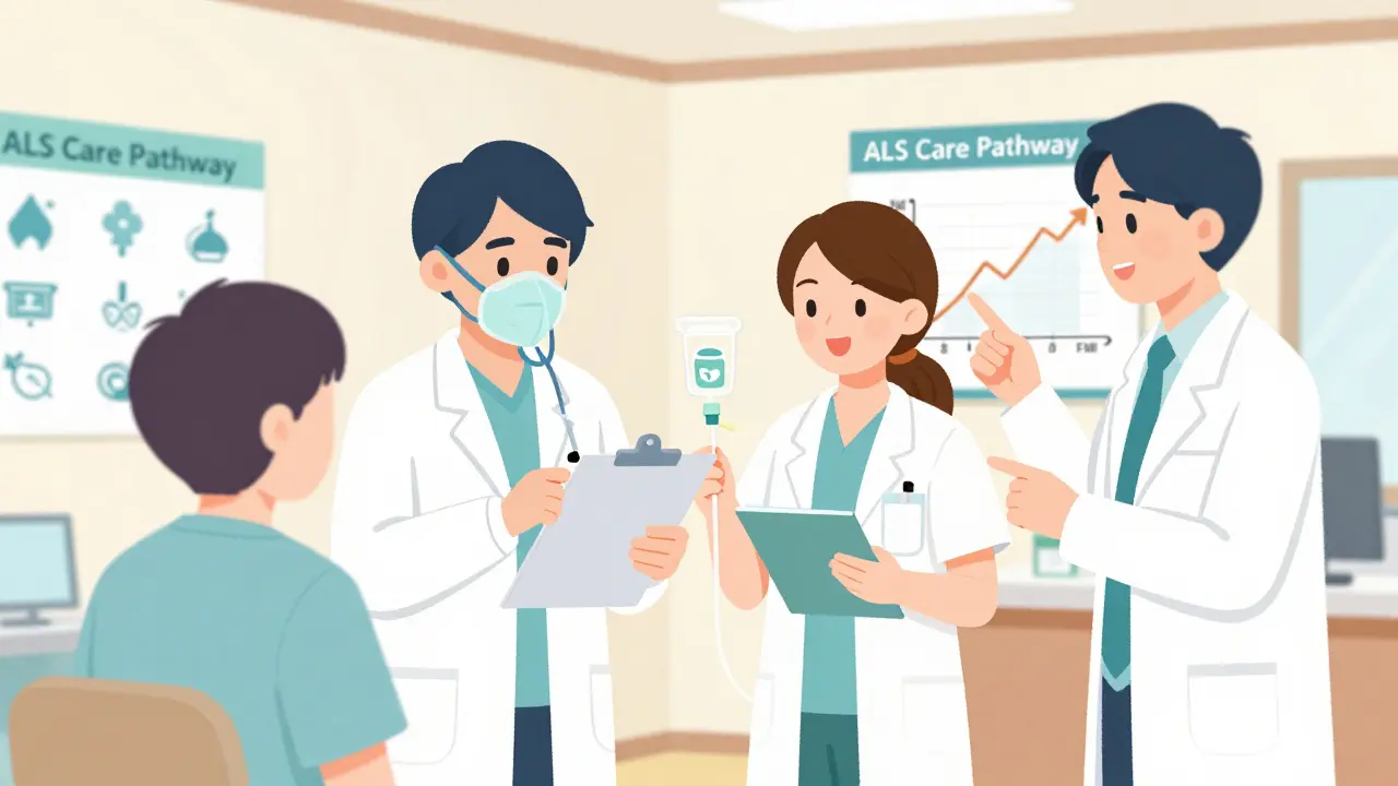 日本の診療所で医療チームがALS患者の呼吸と栄養管理を協議する様子。
