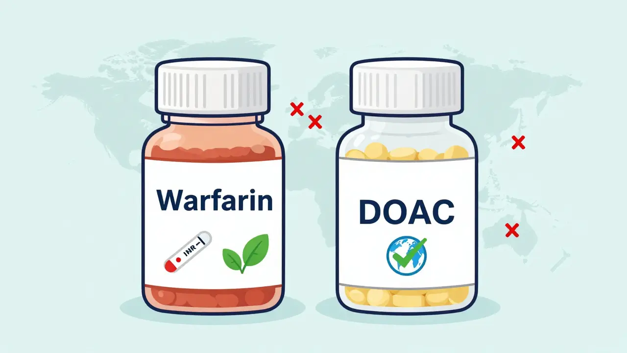 ワルファリンとDOACの薬瓶を比較し、世界地図で入手不可能な国を示すイラスト。