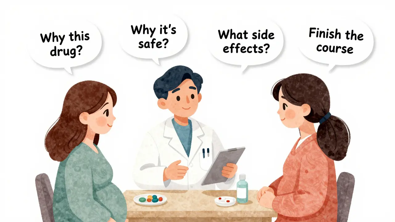 薬剤師が妊娠中の患者に薬の4つのポイントを説明する様子、4つの風船に重要なメッセージが浮かんでいる。