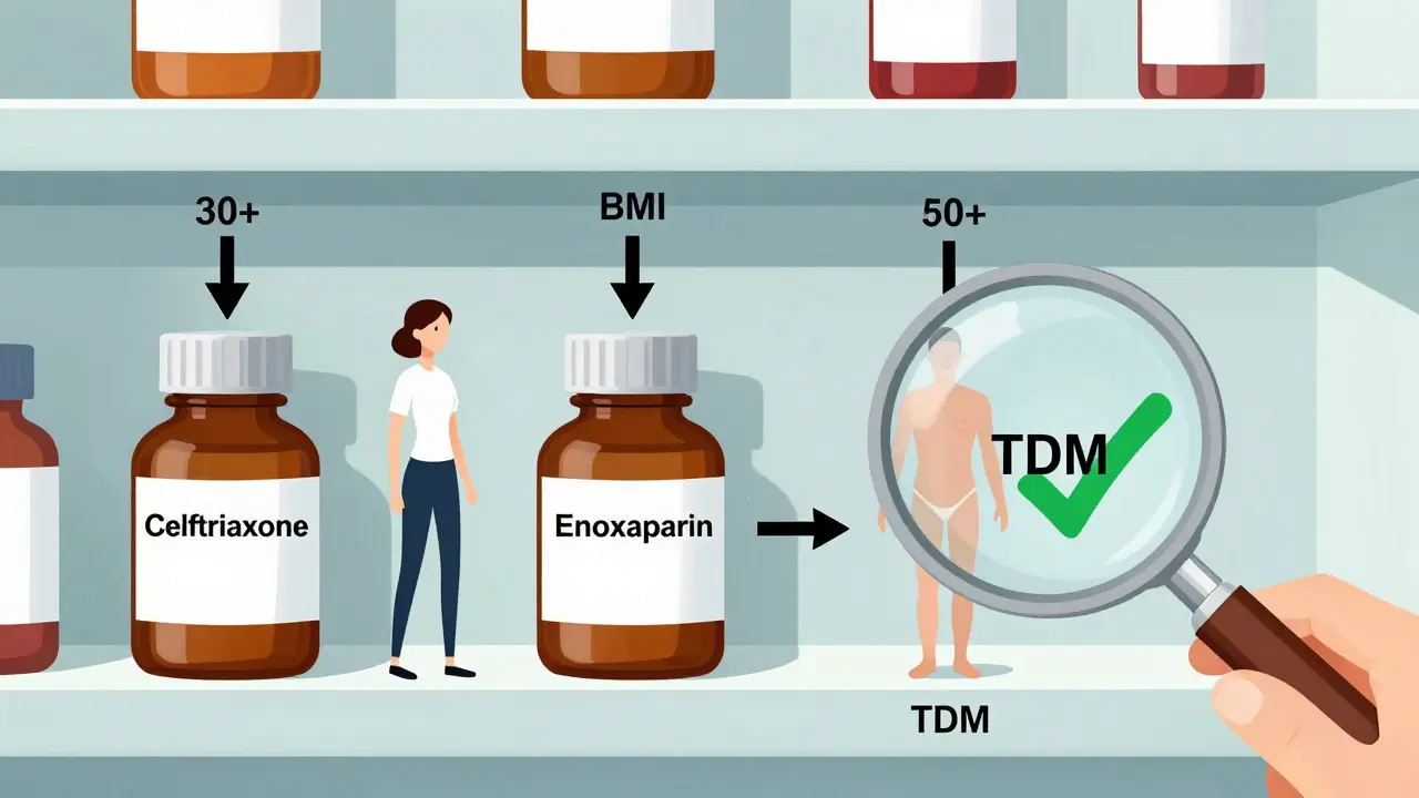 薬の種類ごとに肥満患者への投与量が異なることを示す薬局のイラスト。