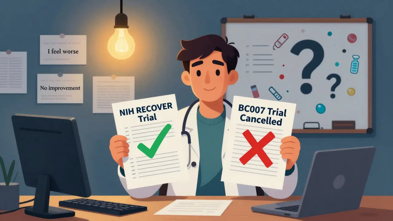 医師が矛盾する臨床試験の資料を手にし、患者の声が壁に掲げられている。