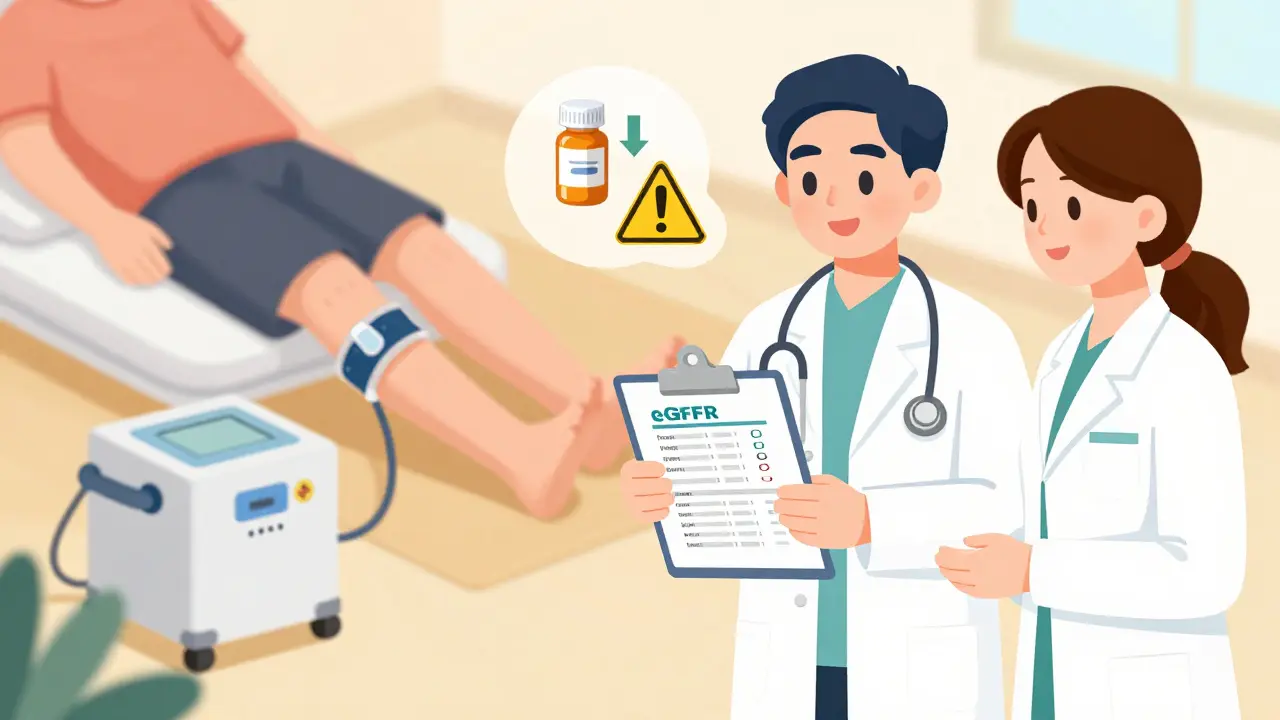 医師と栄養士が患者と相談し、圧迫ストッキングと利尿薬の使用を説明している場面。