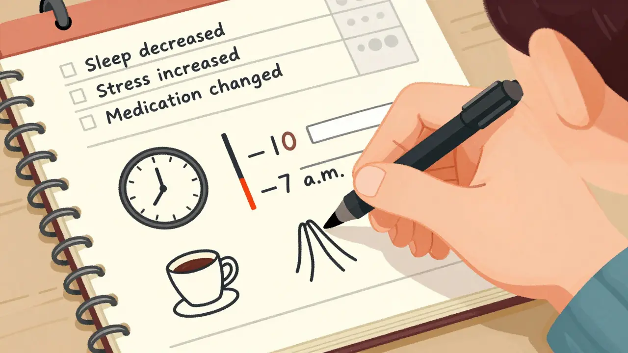 症状を日記のように書き留める手元のメモと痛みのスケール。