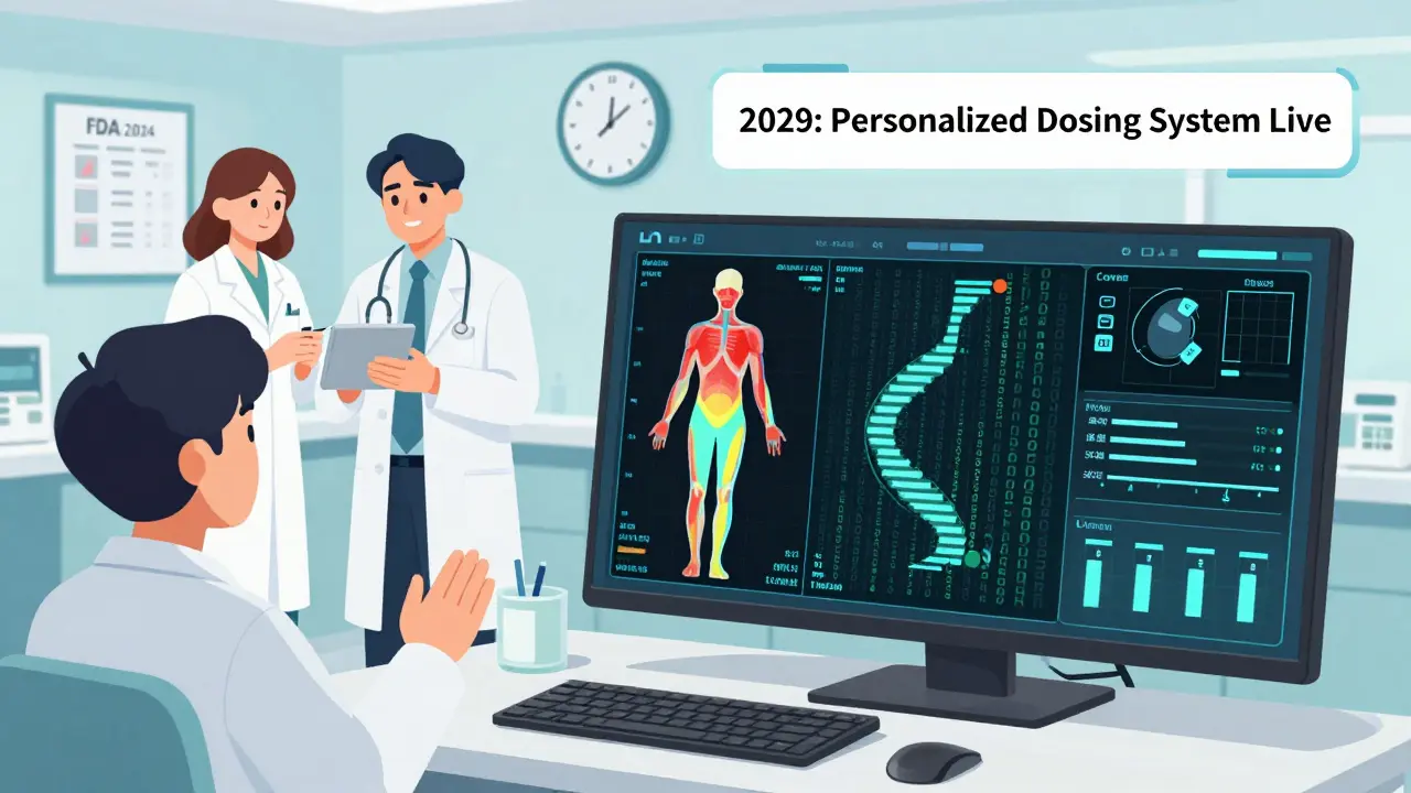 脂肪と筋肉の比率に基づいて自動で投与量を計算する未来の医療システムのイラスト。