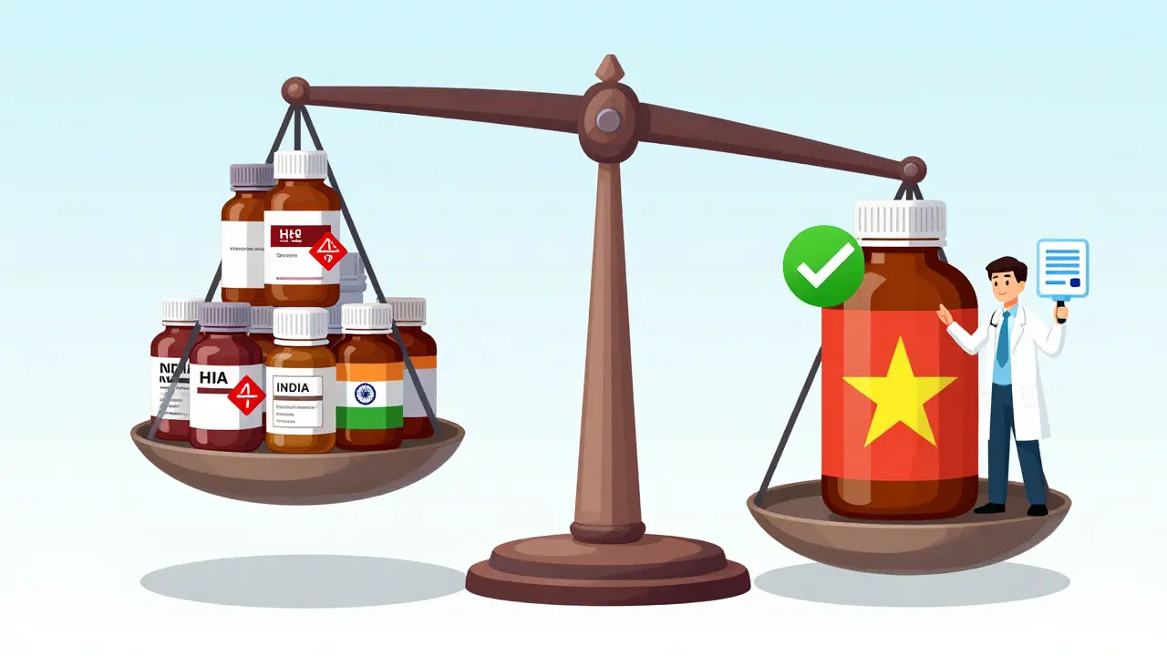 中国・インドの医薬品とベトナムの信頼できる製品を天秤で比較。AI検査とブロックチェーンがバランスを支える様子。