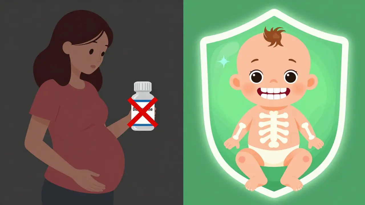 左側でテトラサイクリンに赤いバツが、右側で健康的な胎児の歯と骨が光る様子を対比させたイラスト。