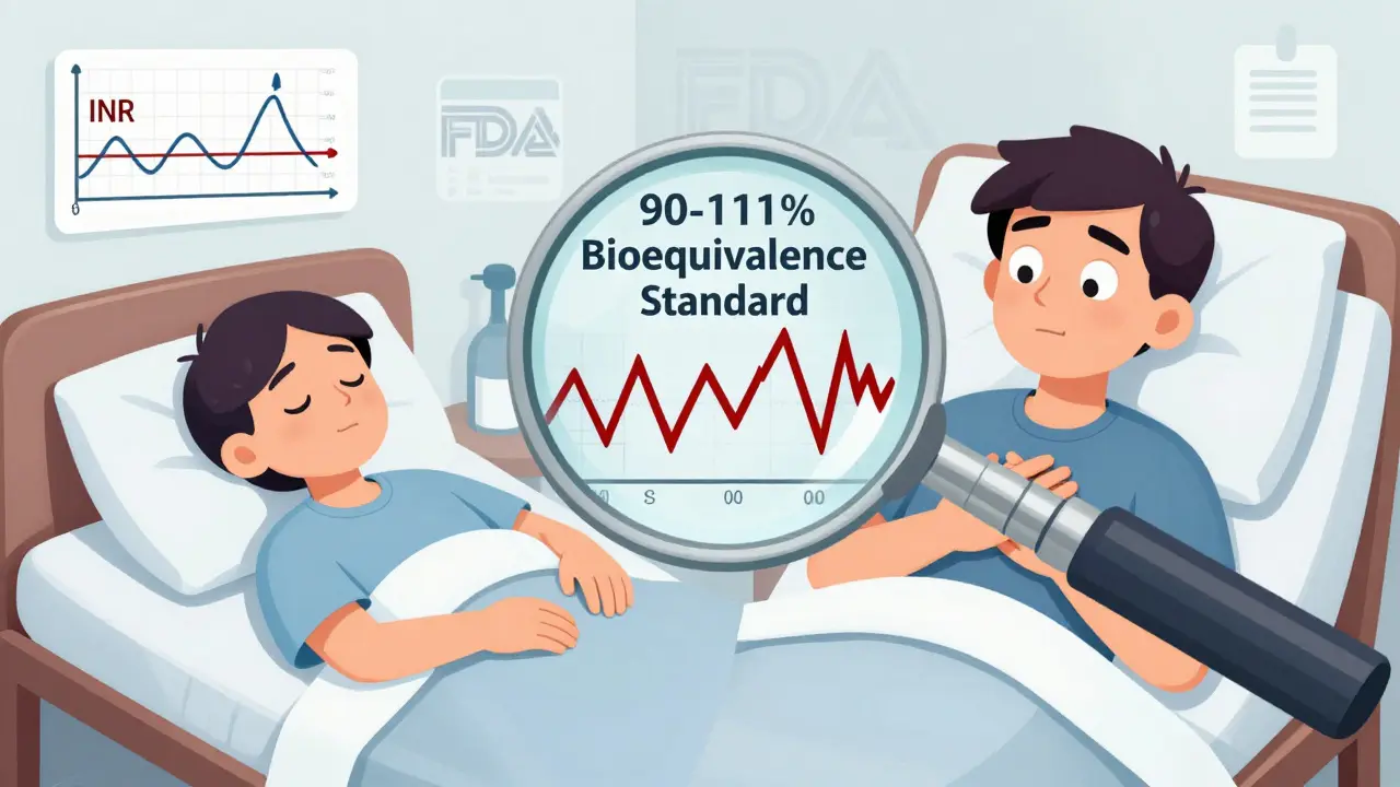 左側は安定した血液検査値で安眠する患者、右側は急激に変動する値に苦しむ患者。FDAの基準が拡大鏡で示されている。