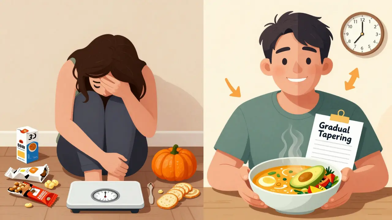 左は不健康な生活、右は改善した生活。顔の変化と治療の過程を示す。