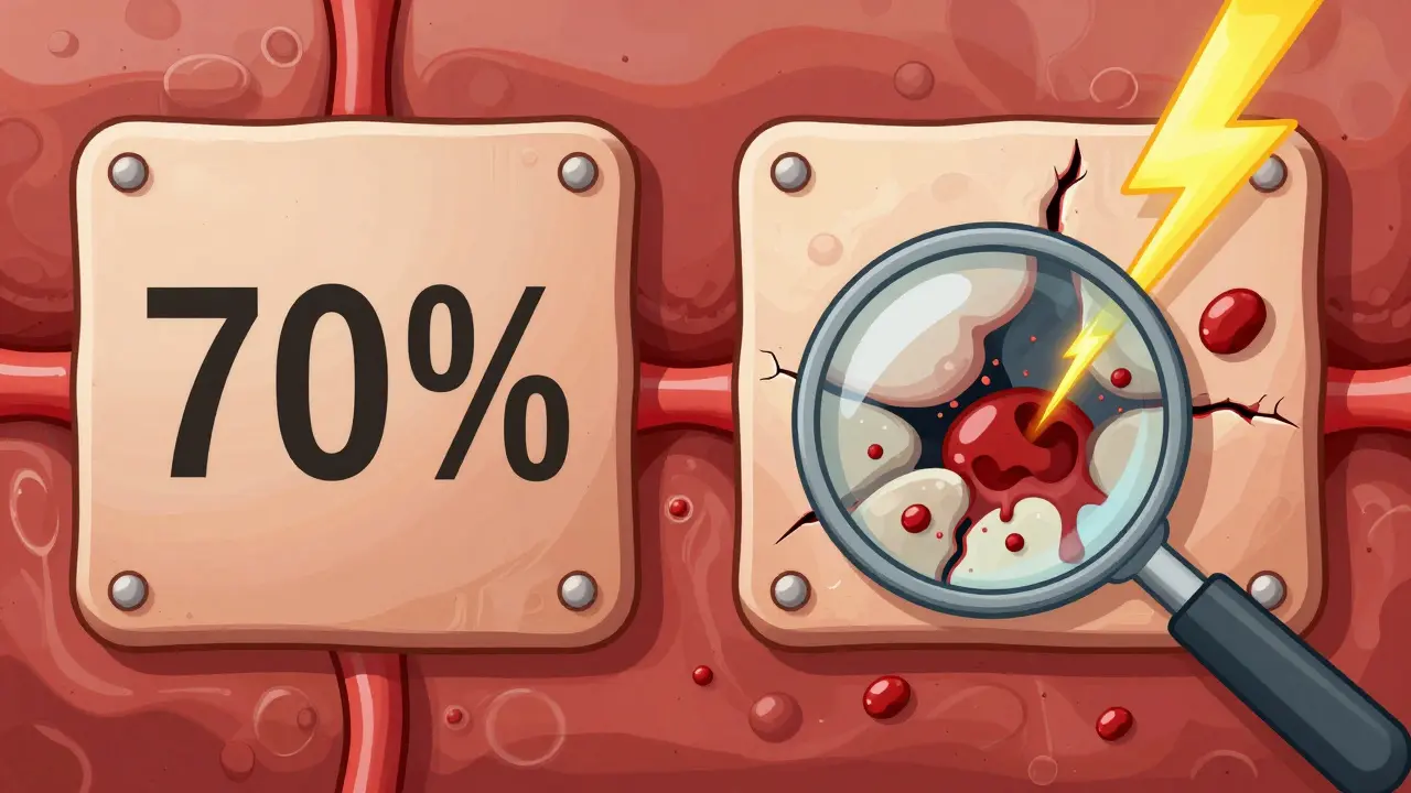 安定したプラークと破裂しかけた不安定なプラークの対比。血栓形成の瞬間を視覚的に表現。