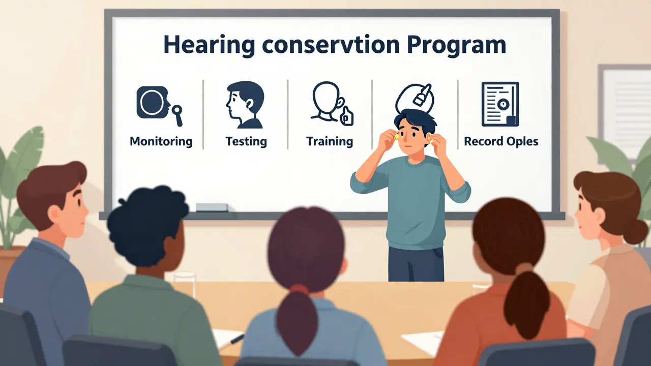 従業員たちが耳栓の正しい挿入方法を学ぶ職場トレーニングの様子。壁には聴覚保護プログラムの5要素がビジュアルで示されている。