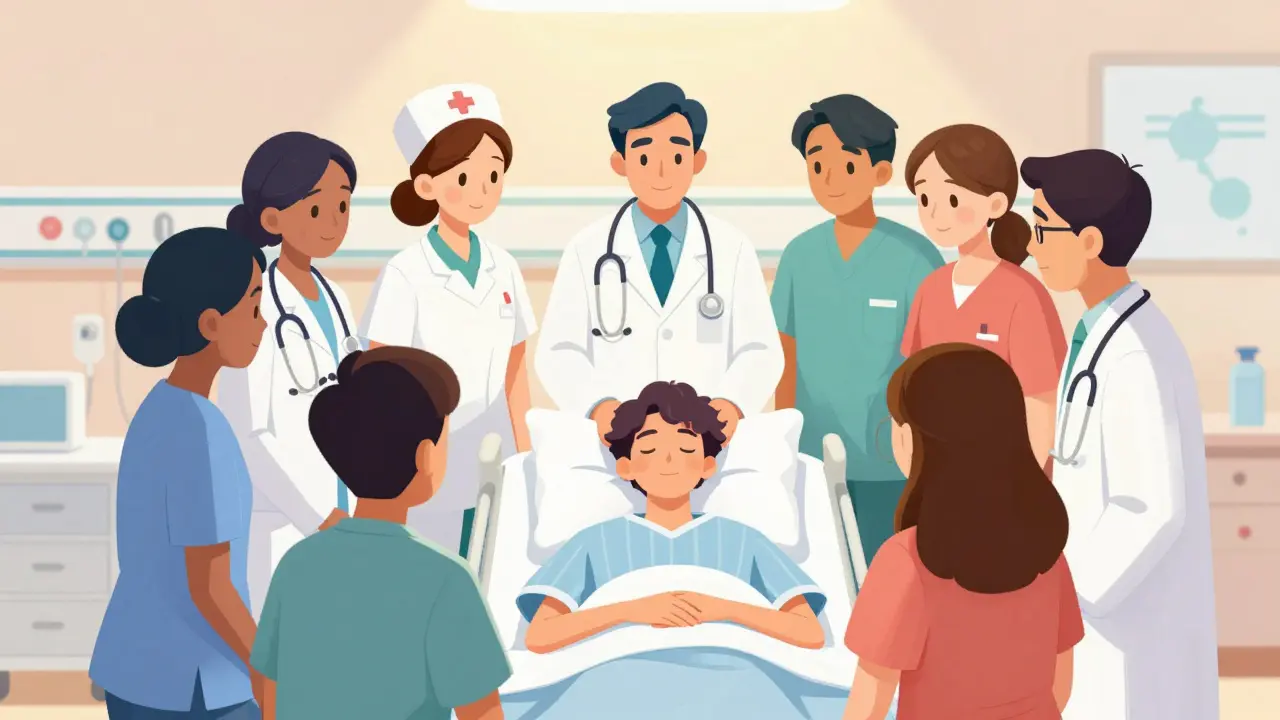 ドクターとナースなど多職種チームが患者を支える様子の描画