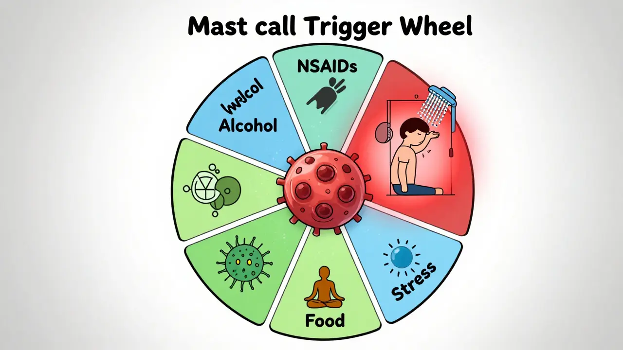 肥満細胞のトリガーとなる要因を輪で示し、回避方法が描かれたイラスト。