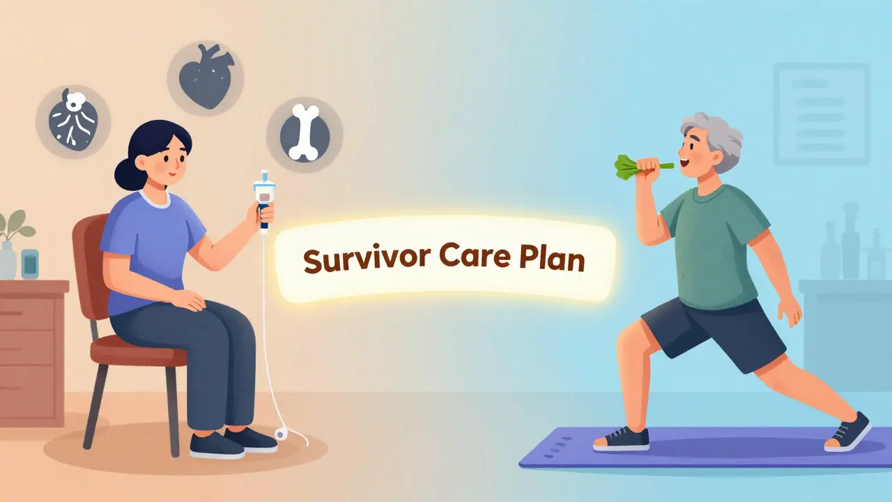 がん治療の副作用とその後の健康回復を対比したイラスト。ケアプランが二つの人生をつなぐ道標。