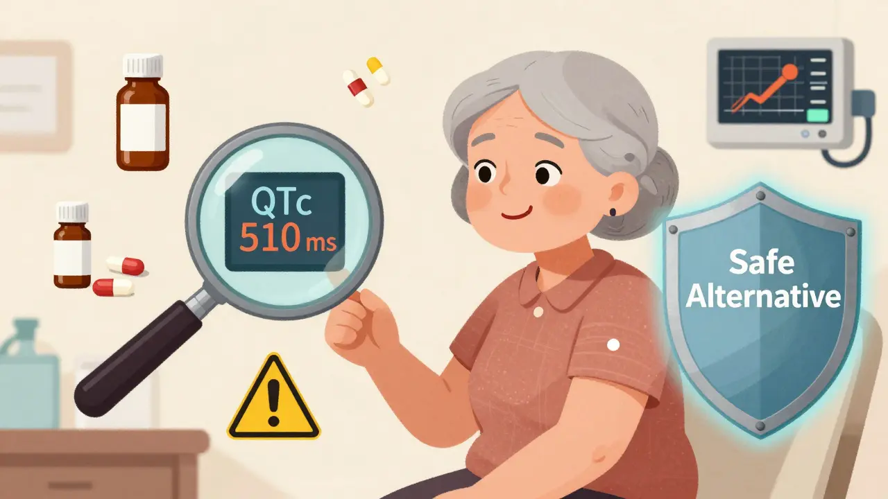 高齢女性が抗生物質を服用している様子。周囲には電解質異常や他の薬のリスク要因が描かれ、QTc値が警告表示される様子。