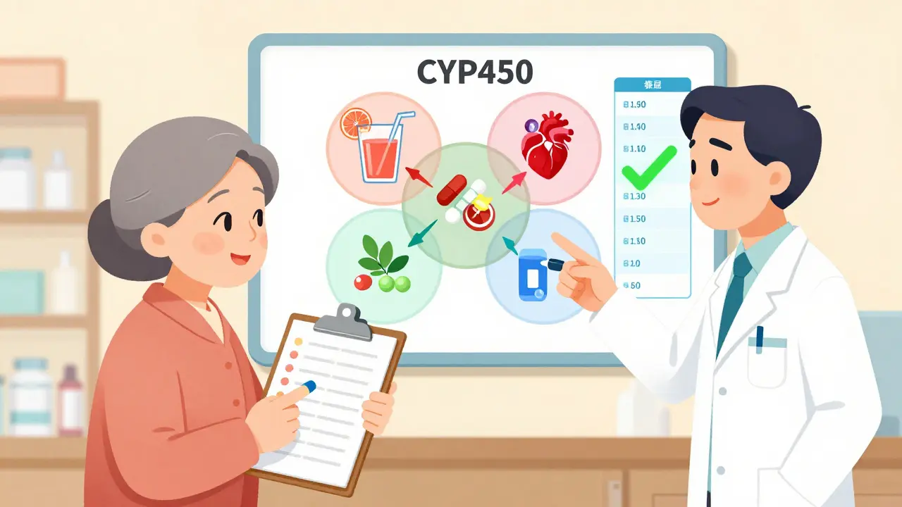 高齢の女性と薬剤師が薬のリストと相互作用の図を確認している様子。グレープフルーツジュースやサプリメントが危険な反応を起こしている。