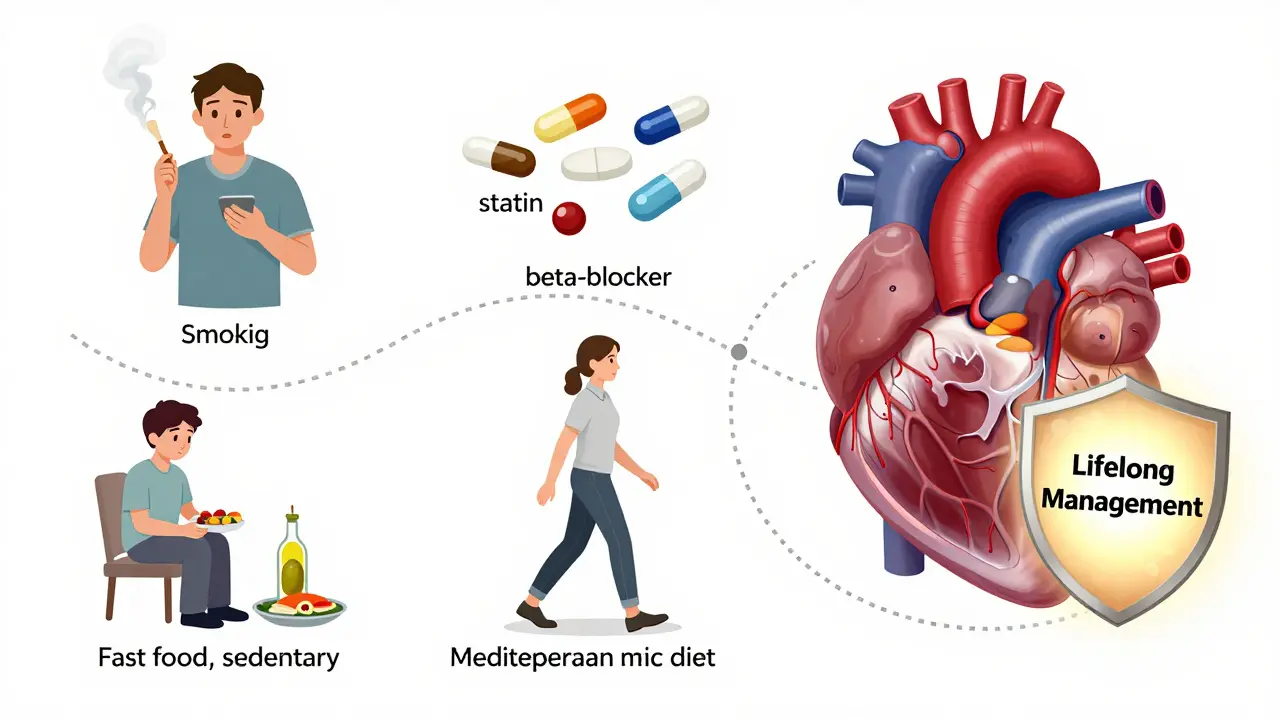 冠動脈疾患の治療と長期管理の過程を段階的に示すライフスタイルの変化のイラスト。