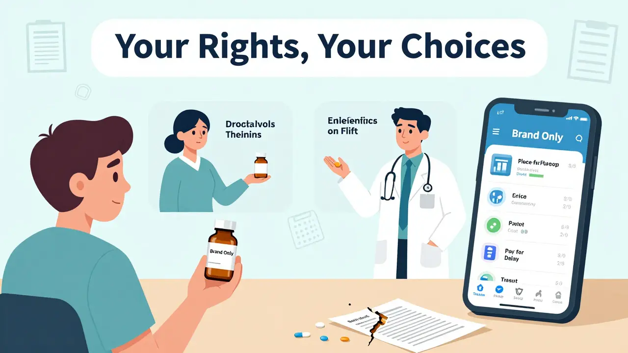 ジェネリックがない薬を処方された患者が、薬剤師や代替薬、価格比較アプリと向き合う情景。