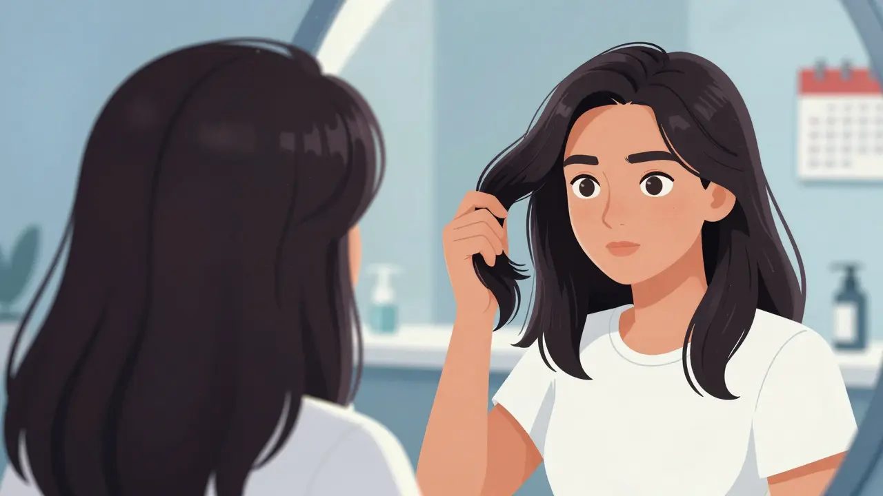 鏡を見る元気な髪を持つ人のイラスト