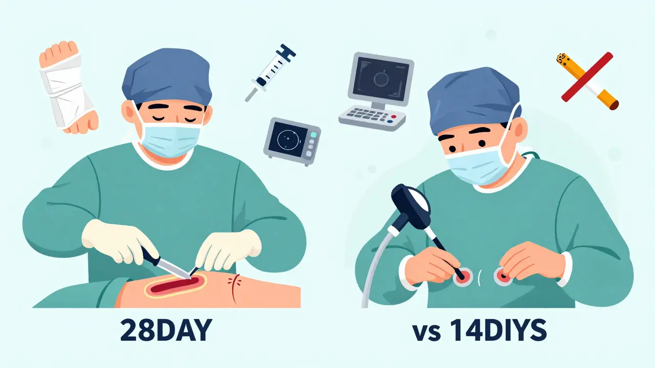 開放手術と内視鏡手術の比較と回復期間、周囲に装具や注射、禁煙のマークが配置された医療イラスト。