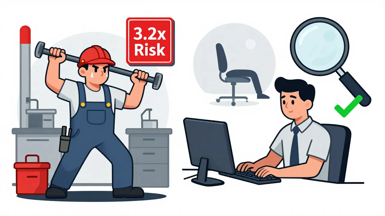 力強く握る作業とエコノミーな手首の姿勢を対比させた、手根管症候群のリスクと予防を視覚化したイラスト。