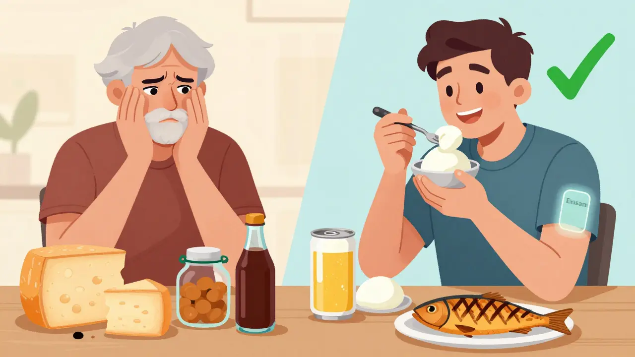 MAO阻害薬服用中の人々が安全な食品と危険な食品を分けた対比シーン。