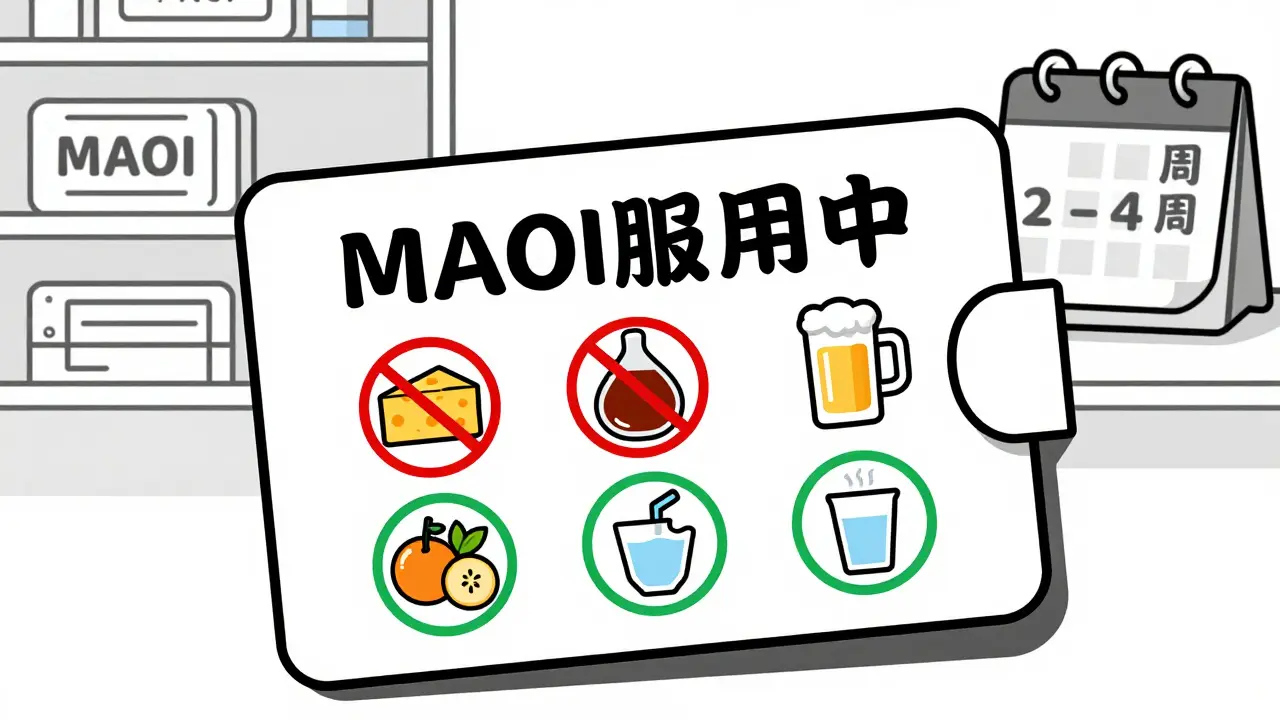 MAOI服用中の医療アラートカードに危険・安全食品のアイコンが示されている。