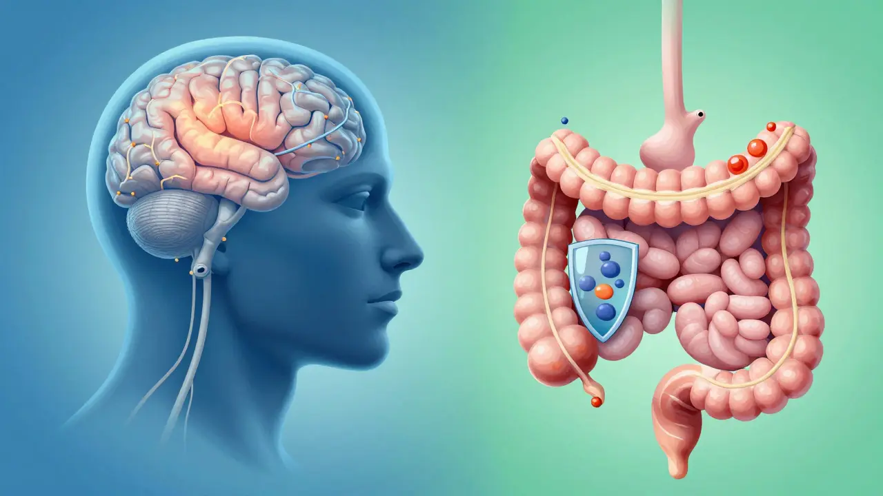 脳の鎮痛効果は保ちつつ、腸でのみ作用する薬剤の仕組みを描いた概念アート