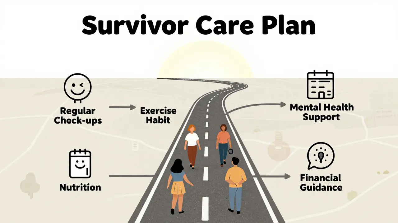 生存者ケアプランを地図形式で表現。検査・運動・メンタル・栄養・財務の5つの道標が未来へ導く。