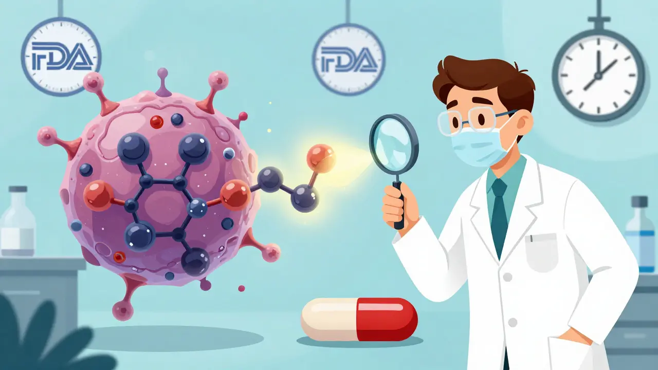 生体医薬品の複雑な分子構造がコピーできない様子と、一般薬の簡単な複製を対比したイラスト。