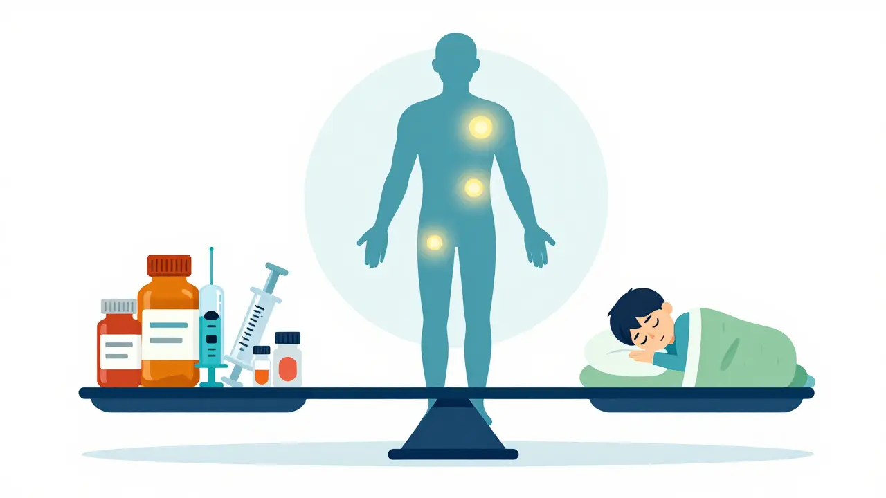 痛み評価スケールや薬物療法のバランスを表す抽象的なイラスト