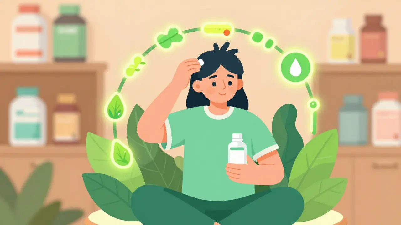 頭皮ケアのアイテムを持つ人物と成長の象徴