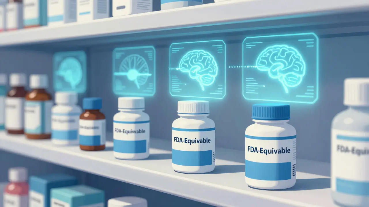 未来の薬局で、信頼感のあるデザインの薬瓶と脳の痛み軽減シグナルが浮かぶ様子。
