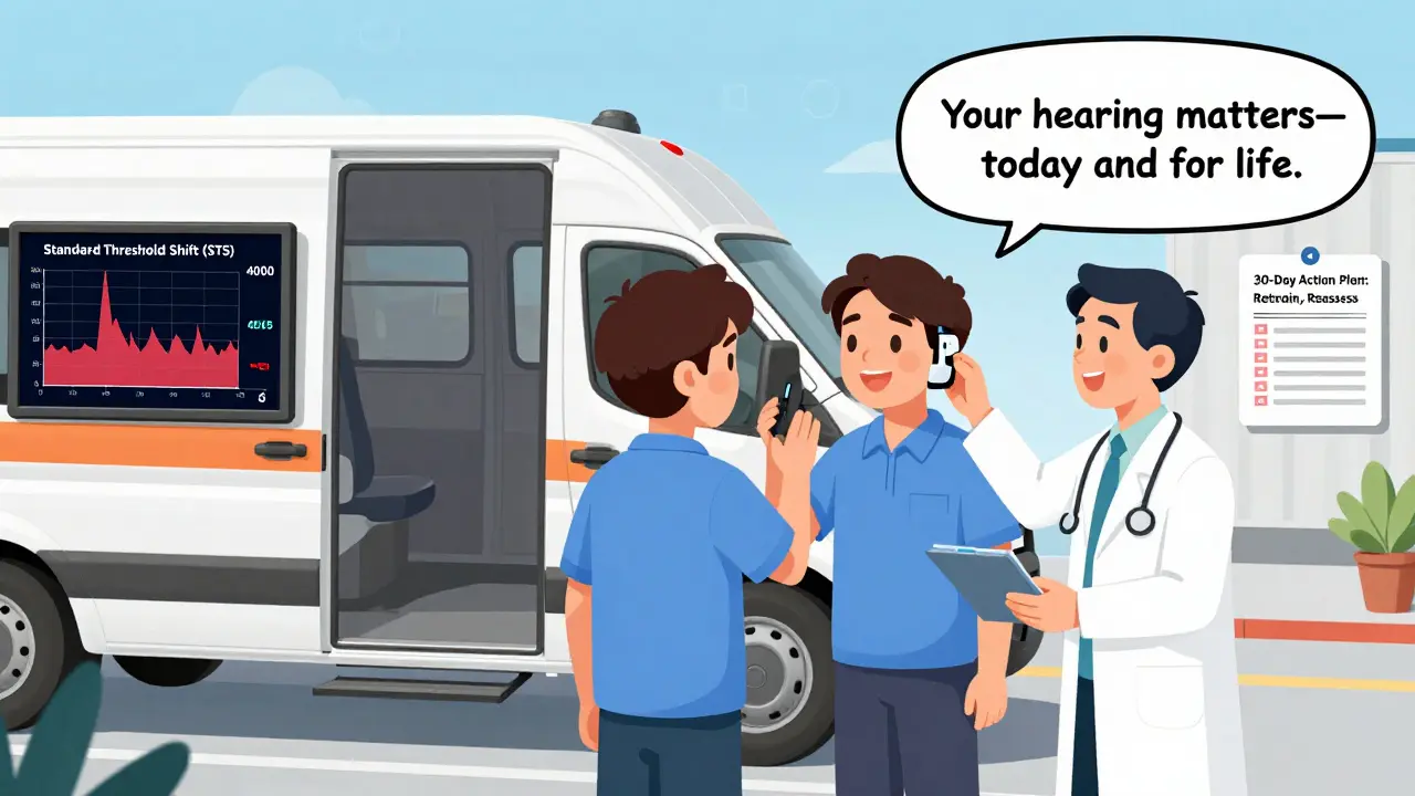 移動式聴力検査ユニットで聴力検査を受ける従業員。画面には聴力低下のサインであるSTSが表示されている。