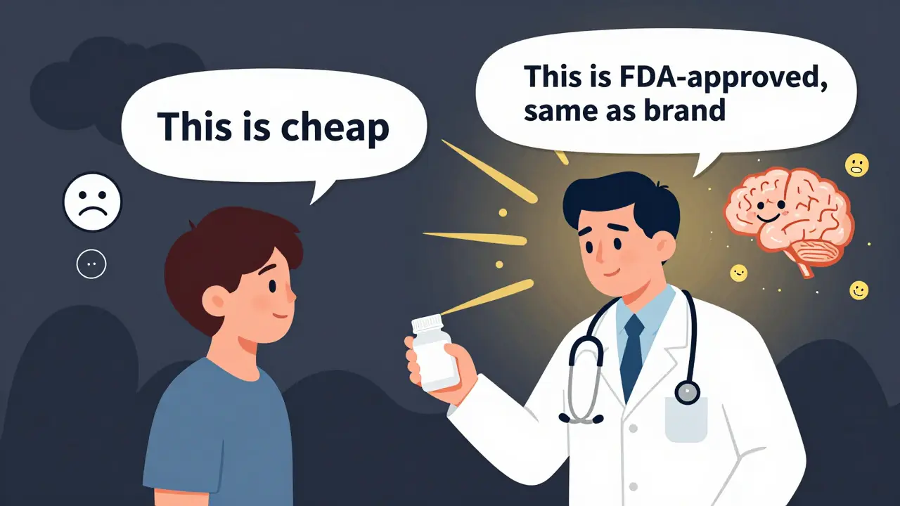 医師が錠剤を渡す場面。言葉によって患者の感情と身体の反応が異なる様子が描かれている。