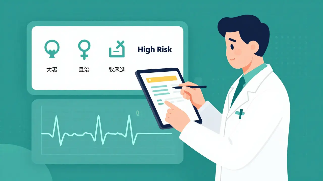 医師がタブレットでAIリスク評価ダッシュボードを確認し、年齢・性別・薬剤・電解質が高リスクと判定されるシーン。