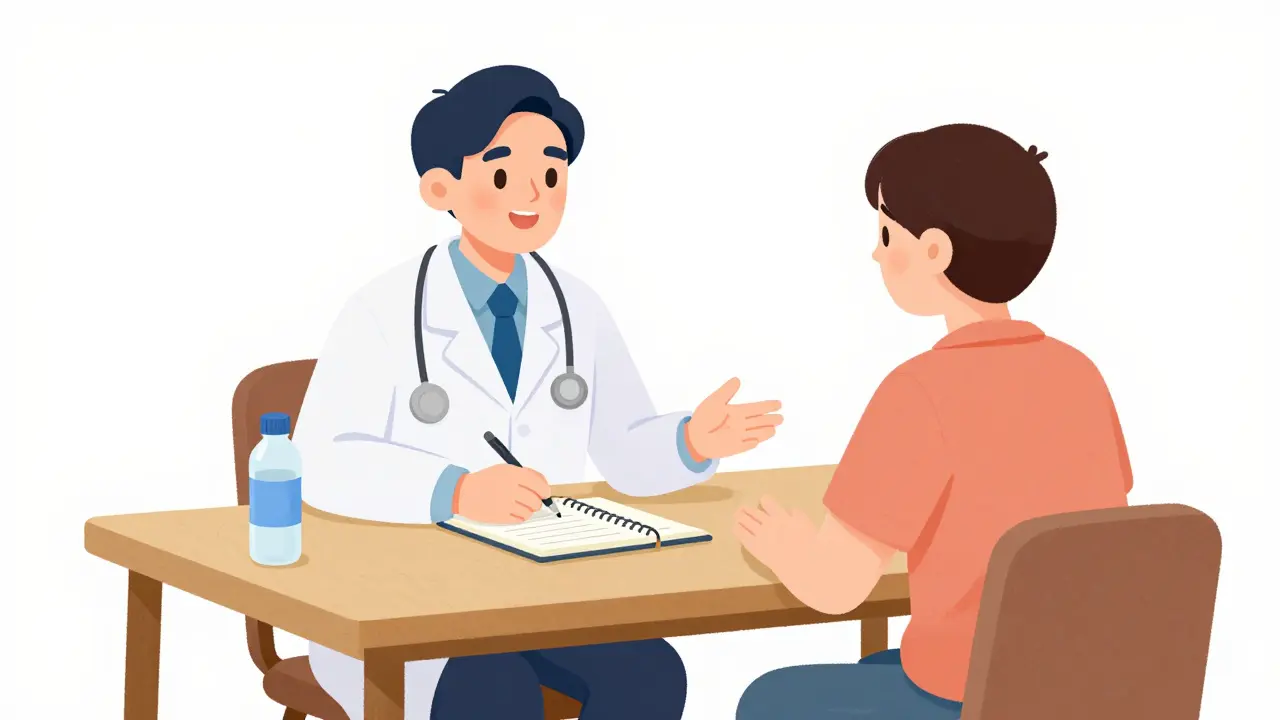 医師と患者が排便記録を共有し、治療方針を確認する温かい会話シーン