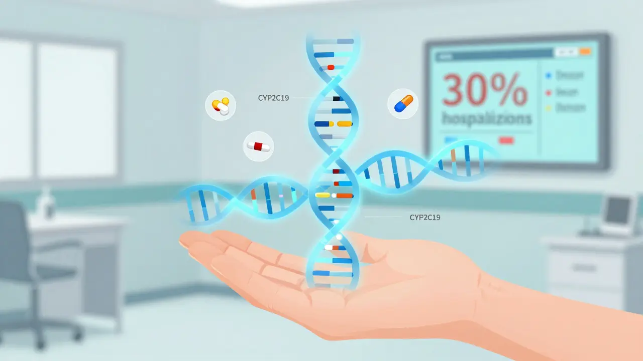 遺伝子マップに合わせて薬が最適化される未来の図。CYP2C19遺伝子と薬のマッチングが色分けされ、相互作用の入院率が30%減ると表示されている。