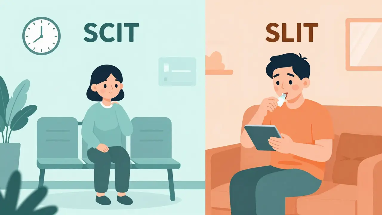 クリニックでの注射治療と自宅での舌下錠剤投与の比較図