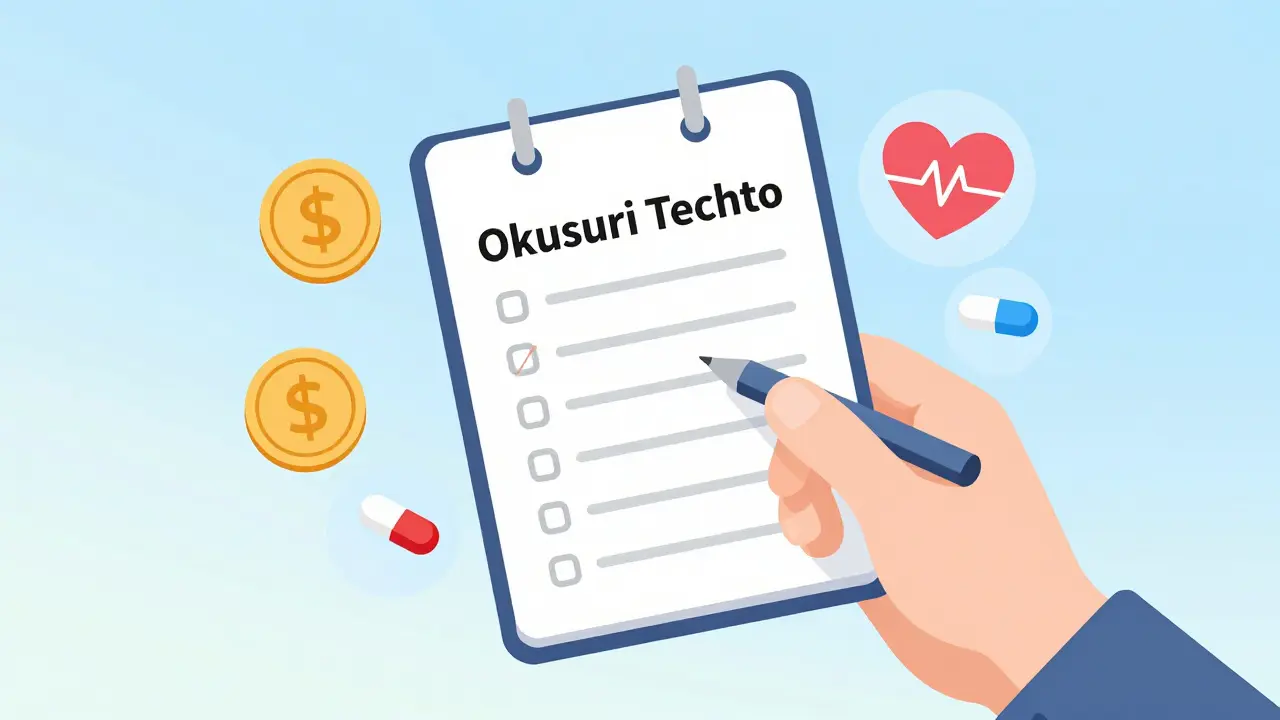 お薬手帳を持ち、賢く薬を選択して医療費を節約するイメージ