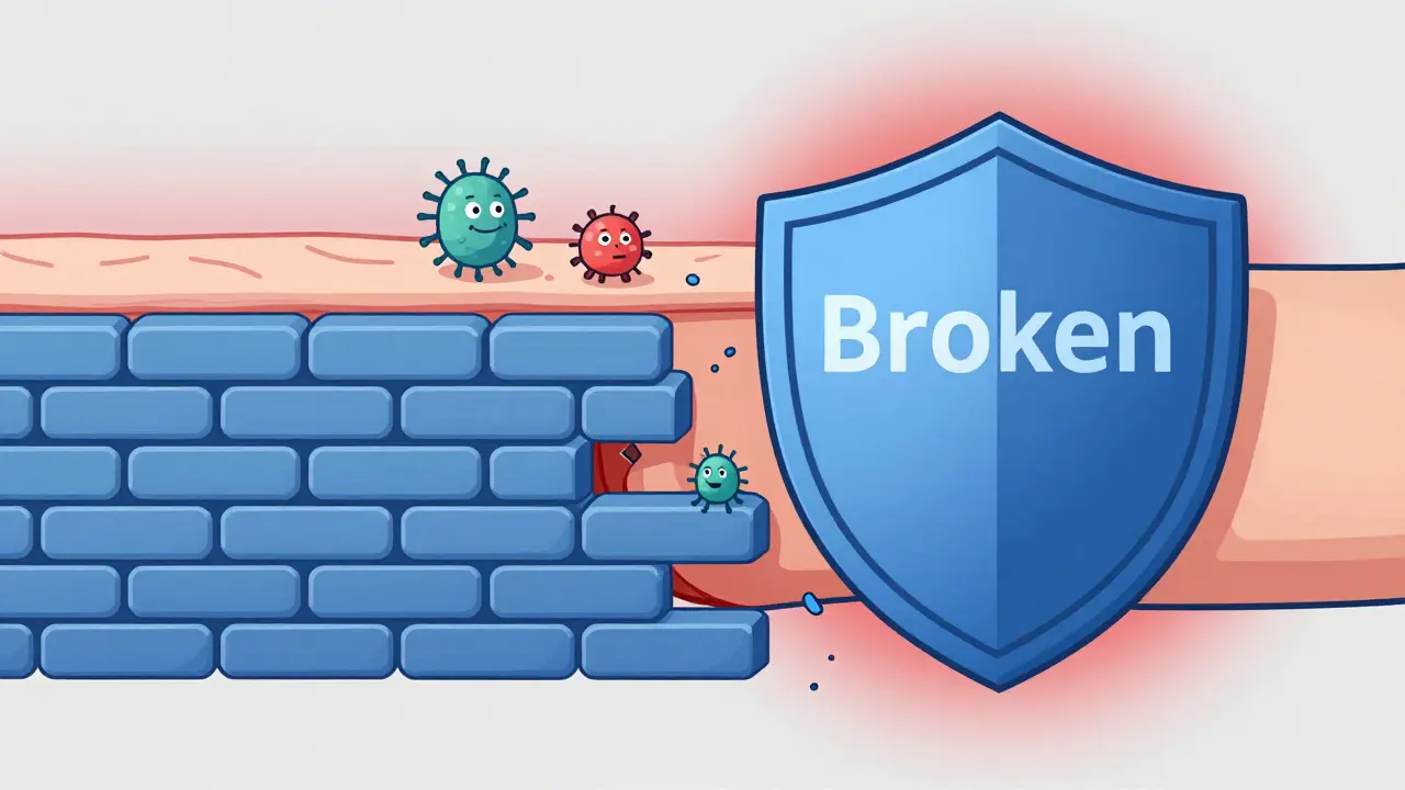 皮膚のバリア機能が低下し、細菌や菌が侵入しようとしている概念図