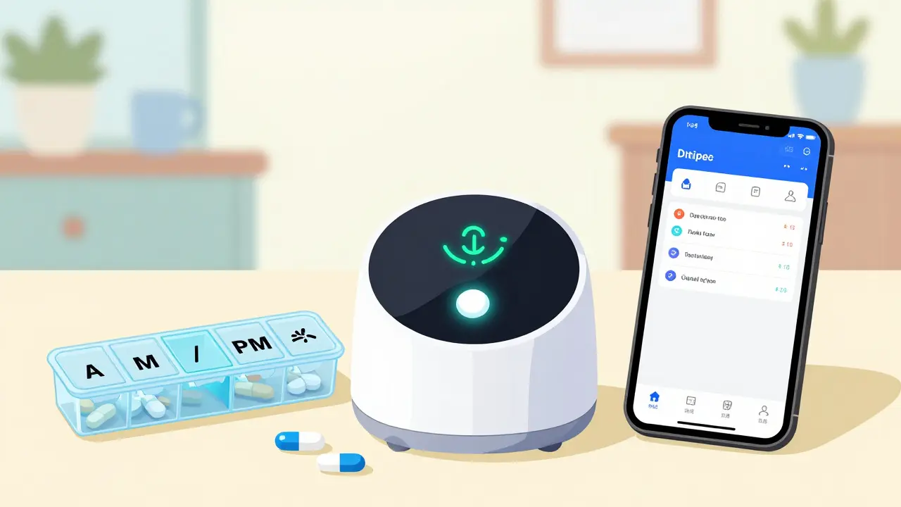 ピルケース、スマートディスペンサー、管理アプリなど、様々な薬管理ツールの比較イラスト