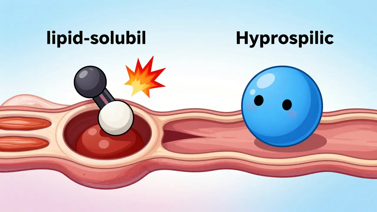親水性の薬が筋肉細胞に入りにくく、副作用が抑えられる仕組みの図解