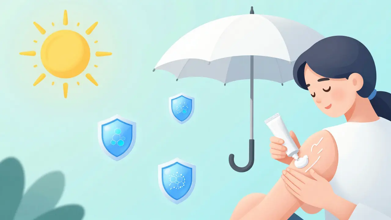 日傘での紫外線対策と保湿剤で皮膚バリアを修復するケアの様子