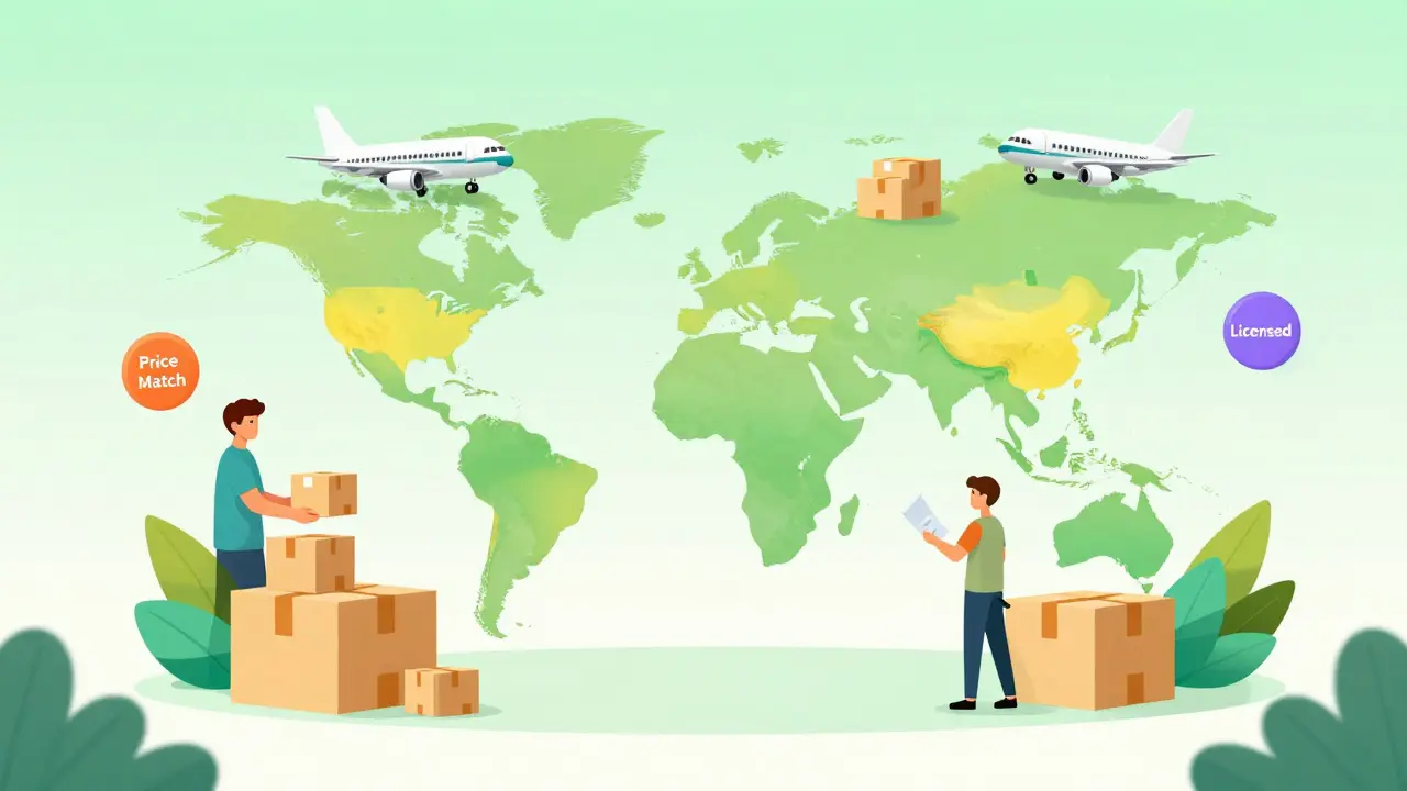 世界的な配送ネットワークと価格保証をイメージした薬局サービスの図解