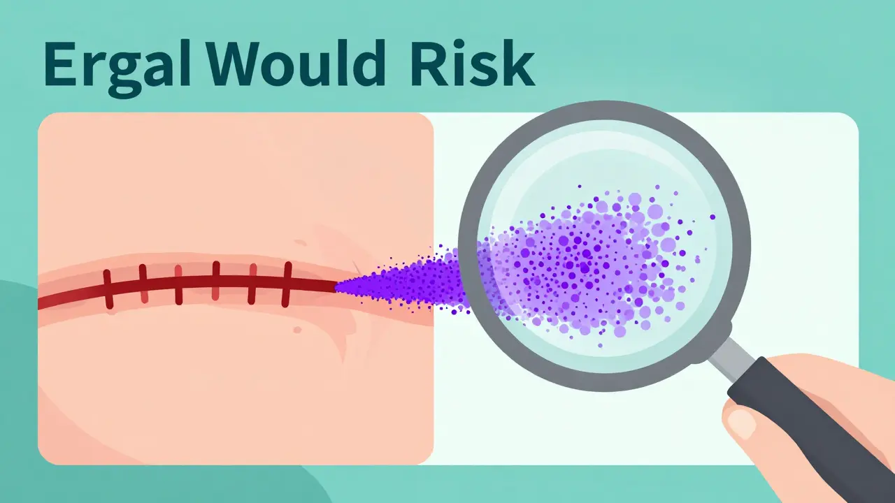 手術創の局所で薬物濃度が高まり、治癒プロセスが阻害される様子を描いたイラスト