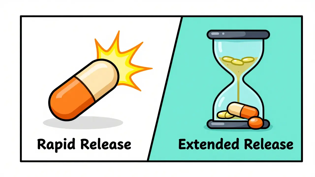 速効性と徐放性の薬の効果の違いを概念的に表現したイラスト