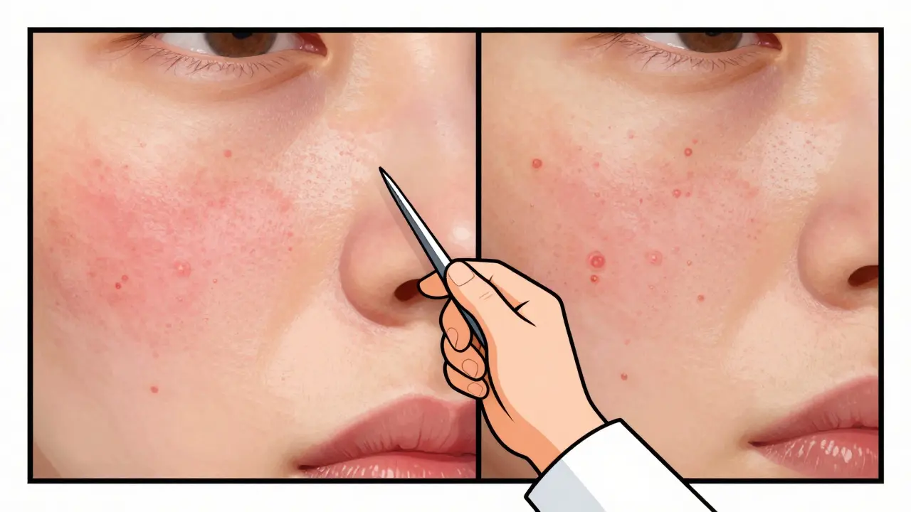 ステロイドニキビとマラセチア毛包炎の視覚的な違いを比較する図解